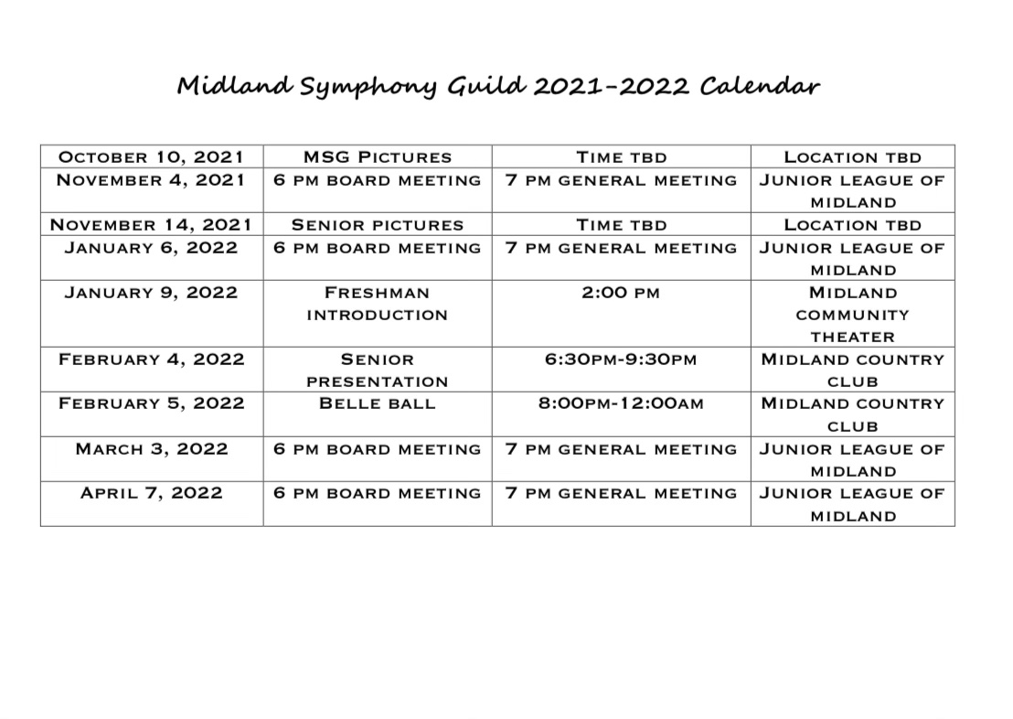 Calendar Of Events - Midland Symphony Guild Calendar Of Events - Midland Symphony Guild